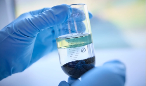 Hand in blauen Schutzhandschuhen hält ein Becherglas mit zweiphasiger Flüssigkeit und dunklem Sediment in einem Laborumfeld.